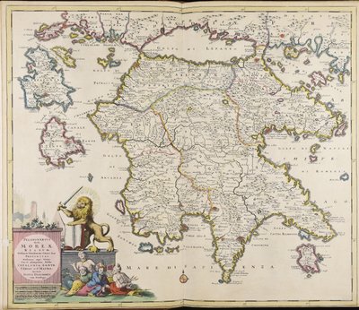 Peloponnesus tegenwoordig het koninkrijk Morea, duidelijk verdeeld in al zijn huidige en oude provincies, met toevoeging van de eilanden Cefalonia, Zante, Cerigo en S.t Maura / auteur Iustus Danckerts door Justus Danckerts